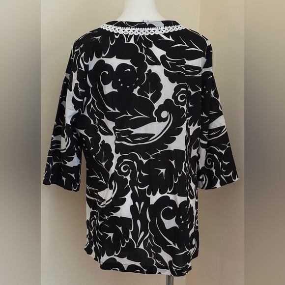 LIZ CLAIBORNE Black White Leaf Patterned 3/4th Sleeves Blouse 100% Cotton Sz XL - Picture 9 of 13